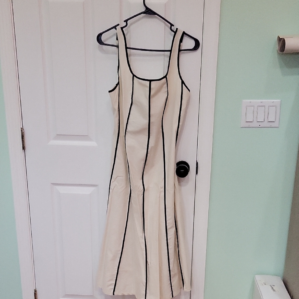 Cream Midi Dress with Black Piping - Women's Sleeveless Dress